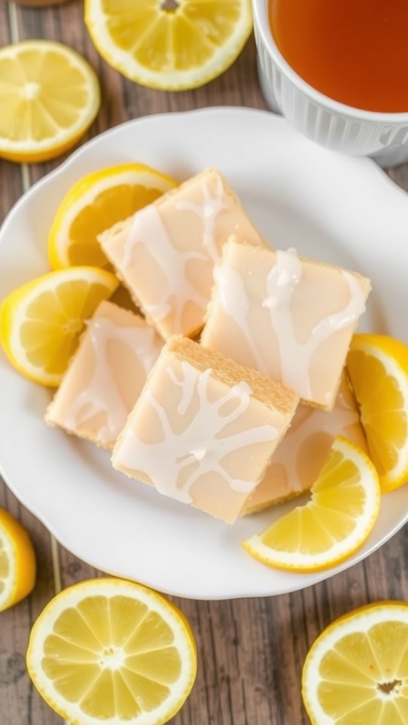 A plate of lemonade bar cookies surrounded by lemon slices.
