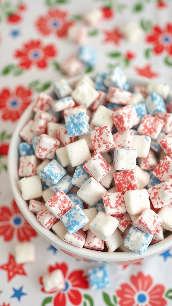 A bowl of colorful Patriotic Puppy Chow, featuring red, white, and blue cereal pieces.