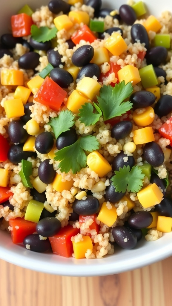 A colorful quinoa and black bean salad with diced vegetables and cilantro.