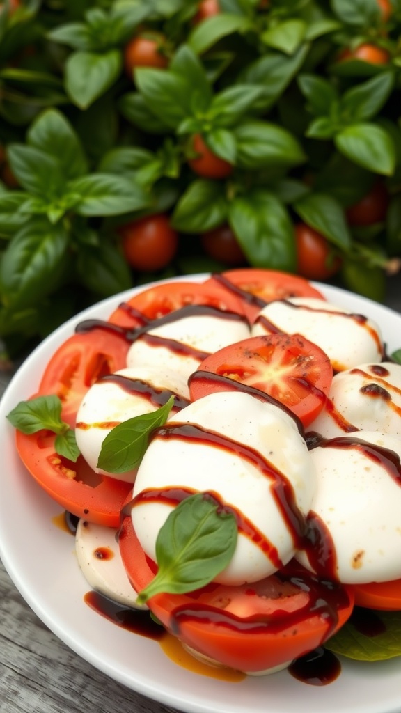 A plate of grilled Caprese salad featuring fresh mozzarella, tomatoes, and basil, drizzled with balsamic glaze.