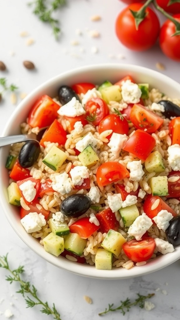 A bowl of Greek Orzo Salad with tomatoes, cucumbers, olives, and feta cheese.