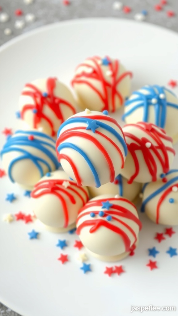 A plate of Patriotic Oreo Truffles decorated with red, white, and blue icing and star sprinkles.