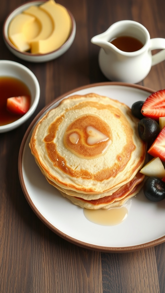 A plate of fluffy sourdough pancakes with syrup, fresh fruit, and cheese on a wooden table.
