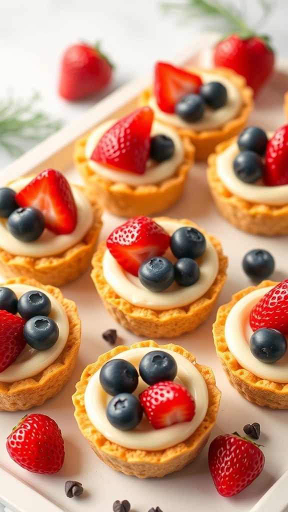 Mini cheesecakes topped with strawberries and blueberries, perfect for 4th of July.