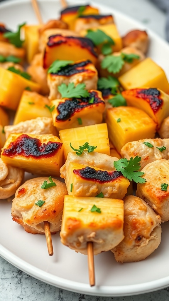 Pineapple Chicken Kabobs on a plate garnished with cilantro