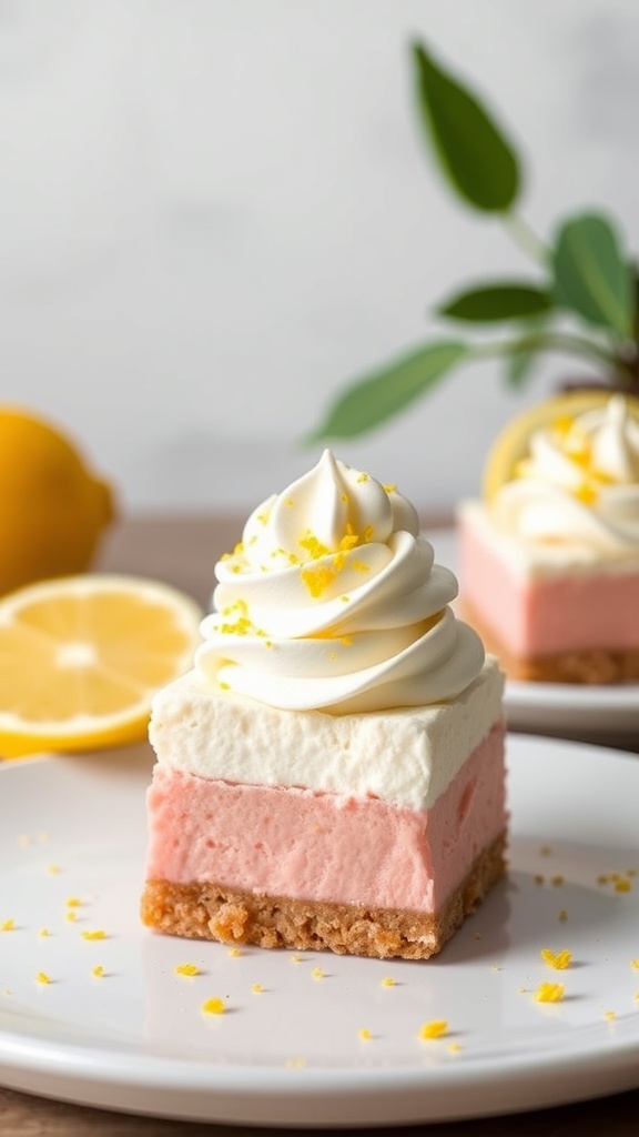Delicious pink lemonade cheesecake bars topped with whipped cream and lemon zest