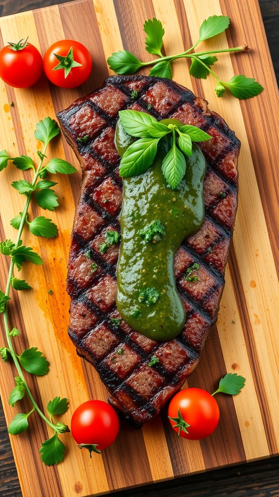 Grilled steak with chimichurri sauce on a wooden cutting board, garnished with tomatoes and herbs.