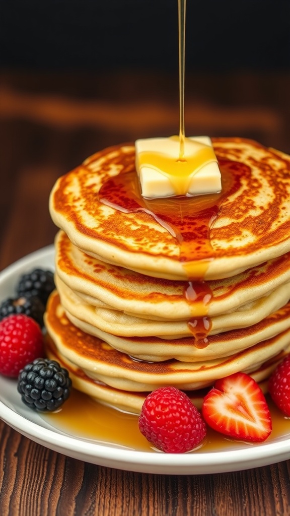 A stack of fluffy sourdough pancakes topped with butter and syrup, surrounded by fresh strawberries, raspberries, and blackberries.