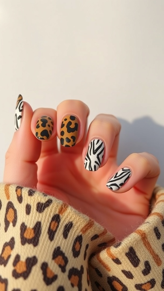 A hand with animal print nails featuring leopard and zebra designs.