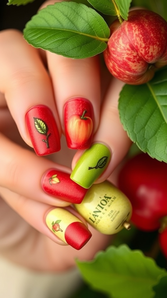 A close-up view of red apples on branches with green leaves in an orchard.
