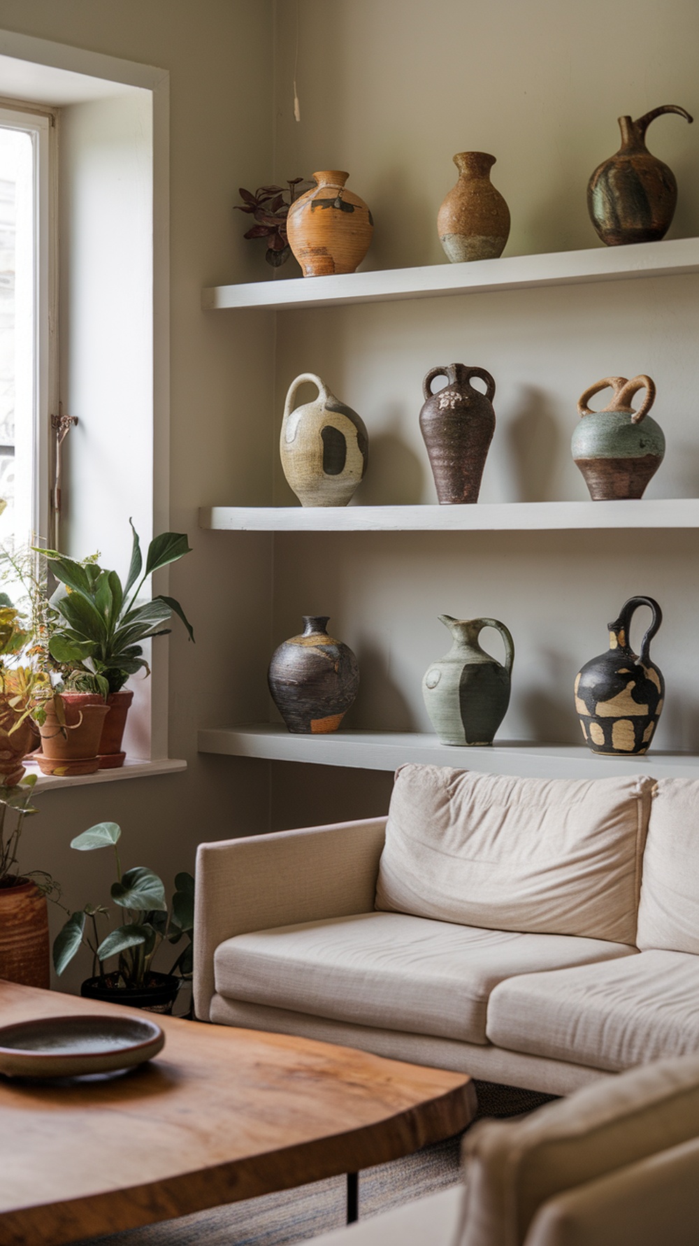 A cozy living room featuring artisan pottery displayed on shelves, with a comfortable sofa and wooden coffee table.