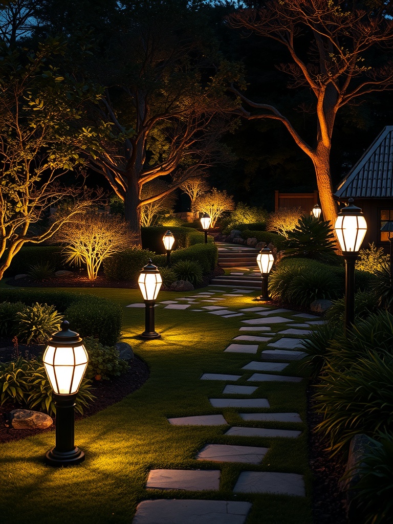 A beautifully lit garden path with lanterns illuminating the way through lush greenery.
