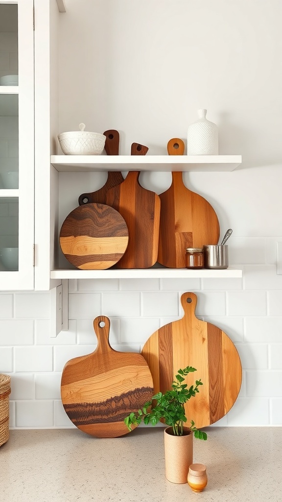 A collection of wooden serving boards and trays displayed on a kitchen shelf with a small plant.
