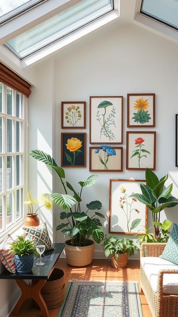 A sunroom featuring framed botanical art on the wall, surrounded by indoor plants and cozy seating.