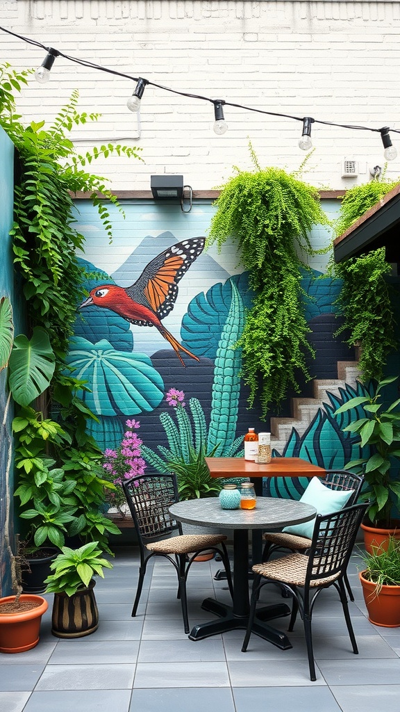 A vibrant wall mural featuring a butterfly and plants, surrounded by greenery and a cozy patio setup.
