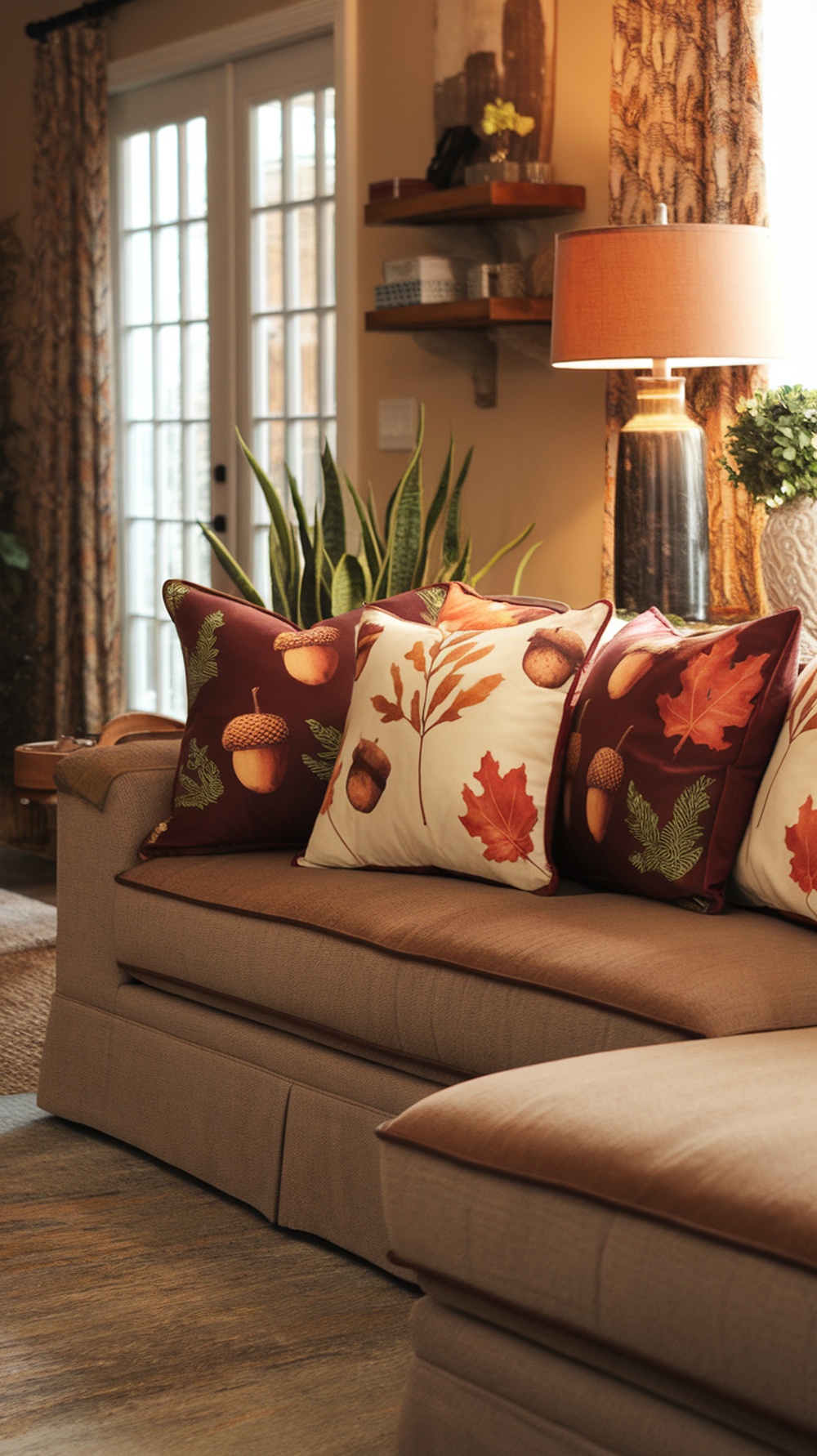 A cozy living room couch with autumn-themed pillows featuring leaves and acorns.
