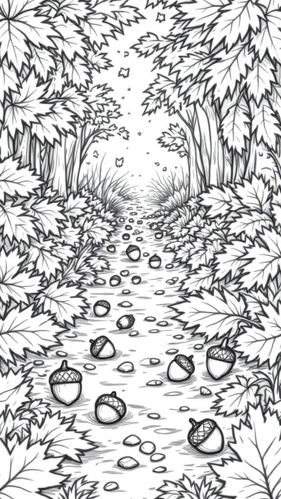 A black and white illustration of a path surrounded by autumn leaves and acorns.