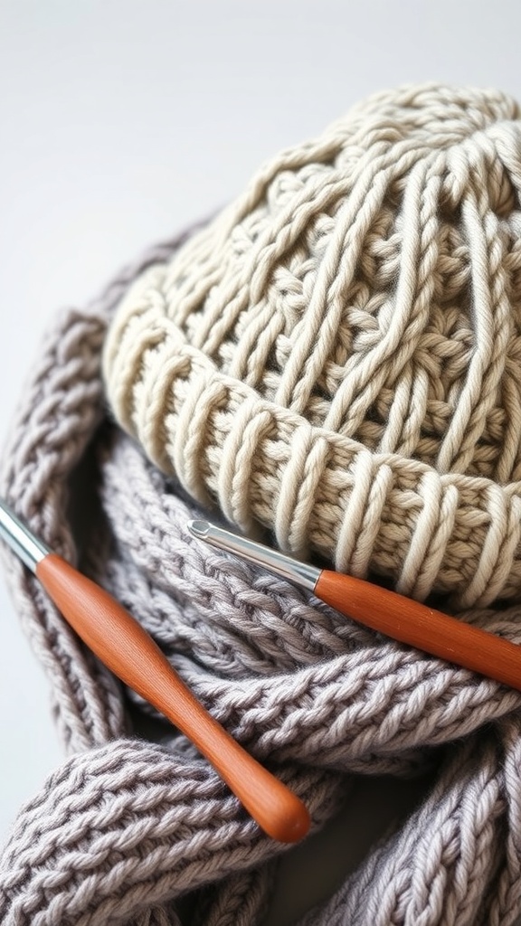 A cozy beige beanie hat resting on a soft scarf with crochet hooks beside it.