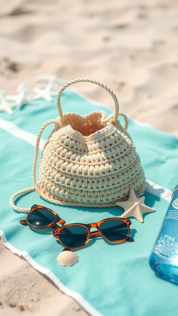 A crochet bag on a beach towel with sunglasses and a starfish.