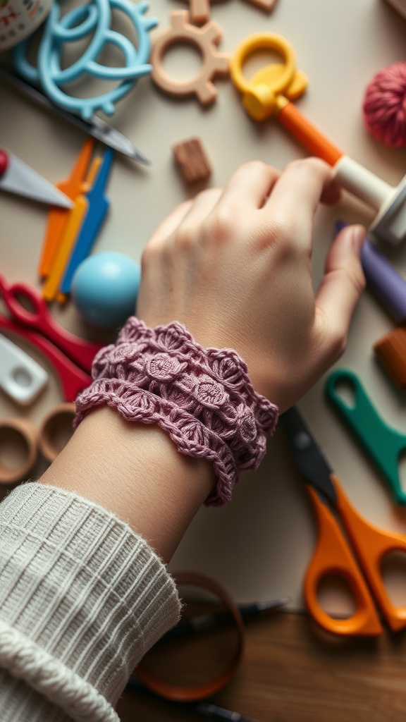 A hand wearing a pink crochet bracelet surrounded by crafting tools and materials.
