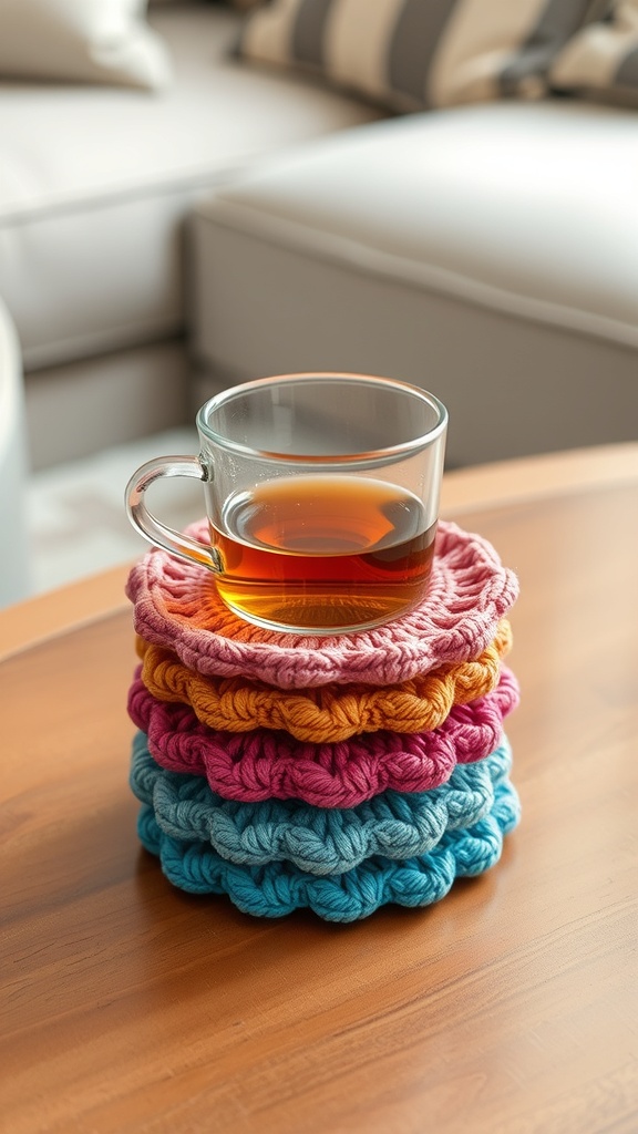 A stack of colorful crochet coasters with a glass of tea on top, resting on a wooden table.