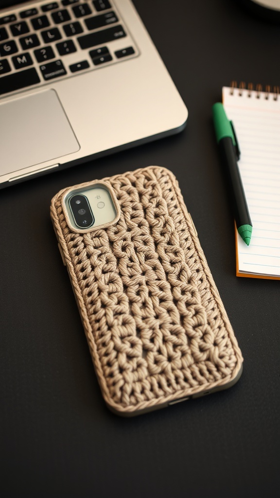 A crochet phone case on a desk next to a laptop and a notebook.