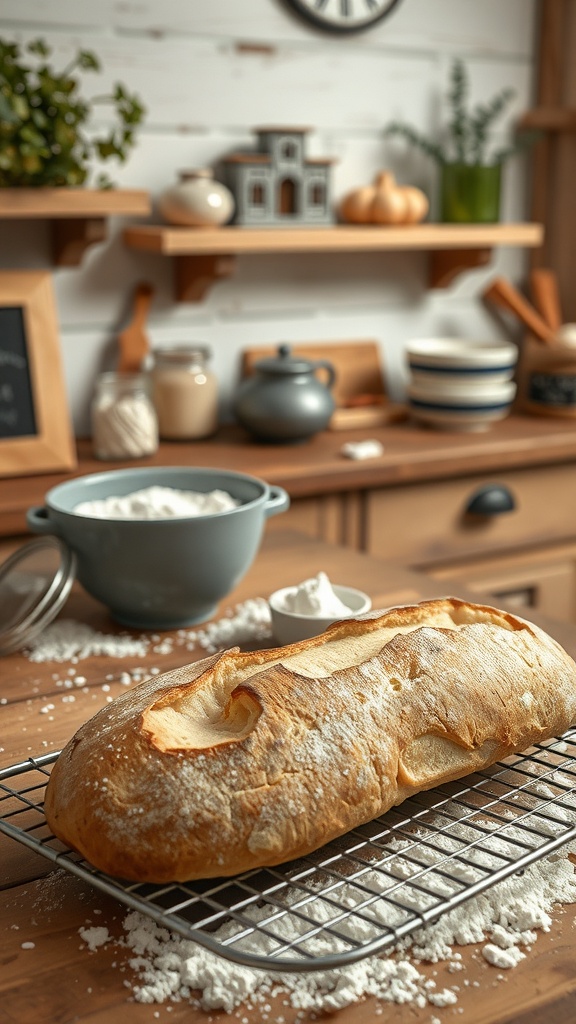 Freshly baked sourdough bread cooling on a rack in a rustic kitchen