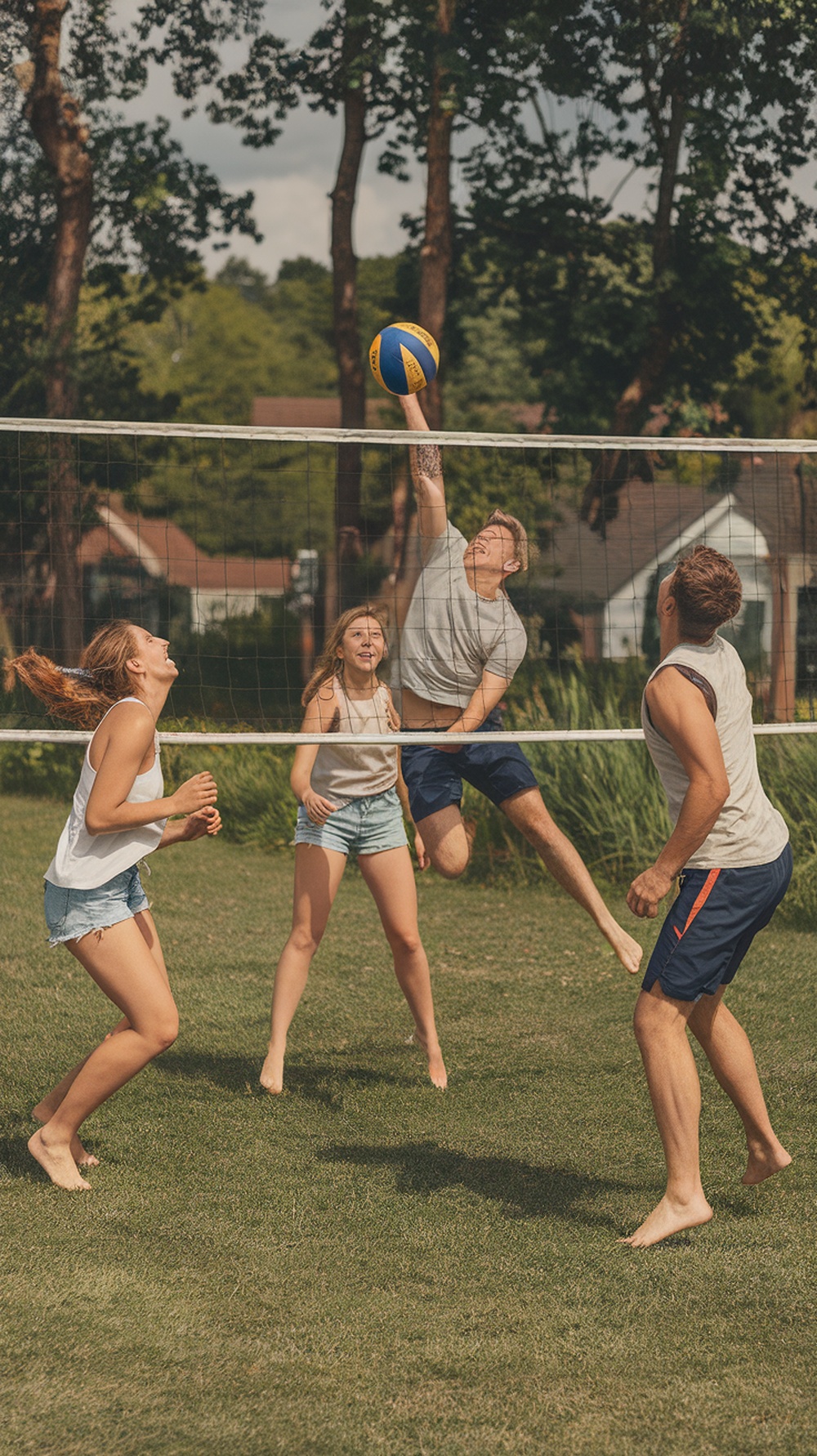 Group of friends playing beach ball volleyball outdoors