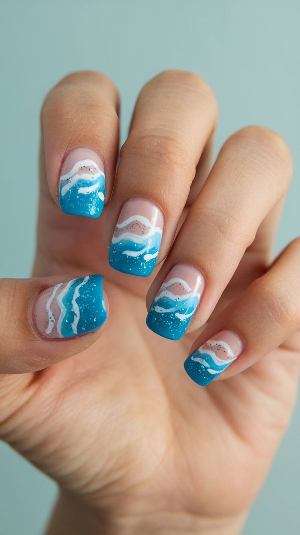 Nails painted with beach wave design featuring blue and white colors with glitter.