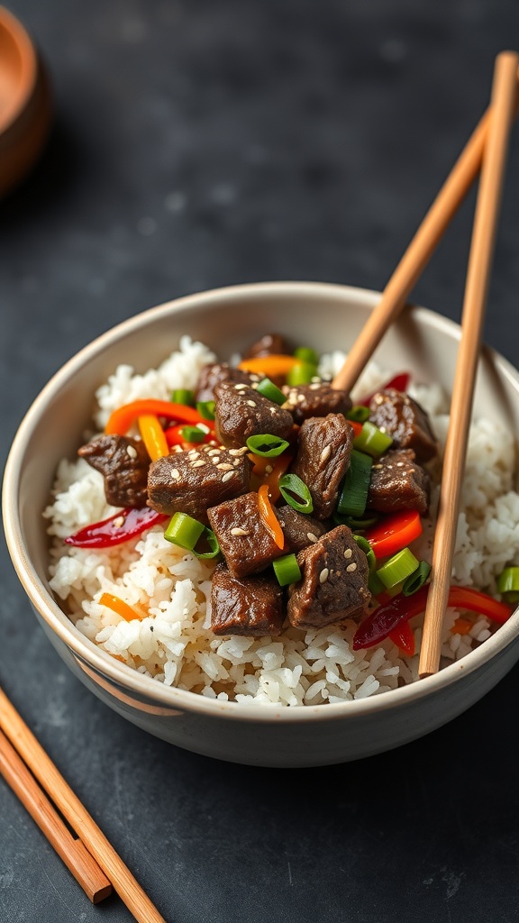 A bowl of beef and rice with colorful vegetables and chopsticks