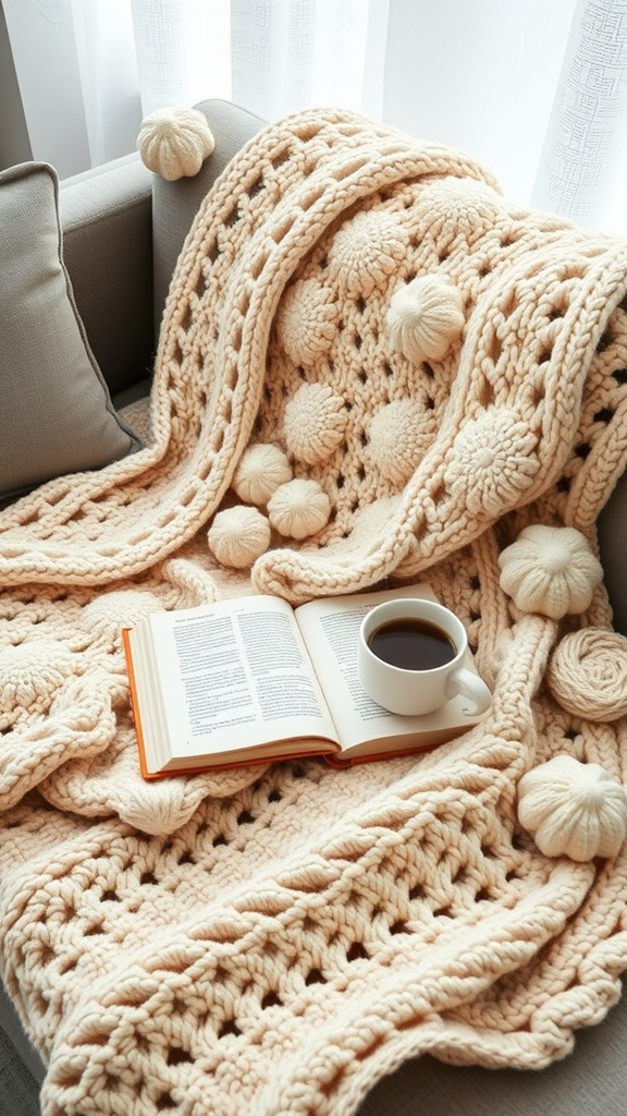 A cozy crochet blanket with pom-poms on a sofa, accompanied by a book and a cup of coffee.