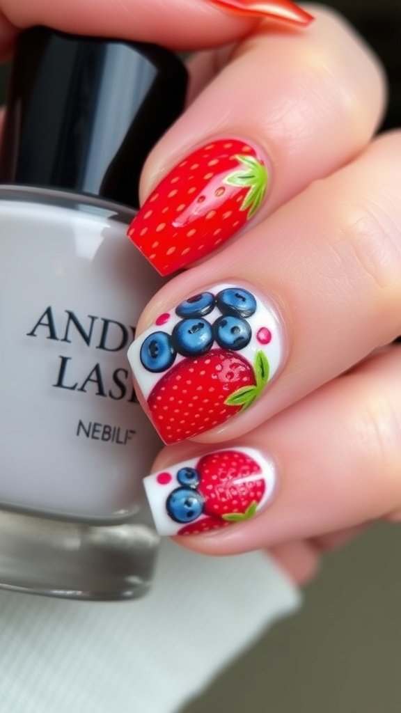 A close-up of hands with berry-themed nail designs, surrounded by strawberries and blueberries.