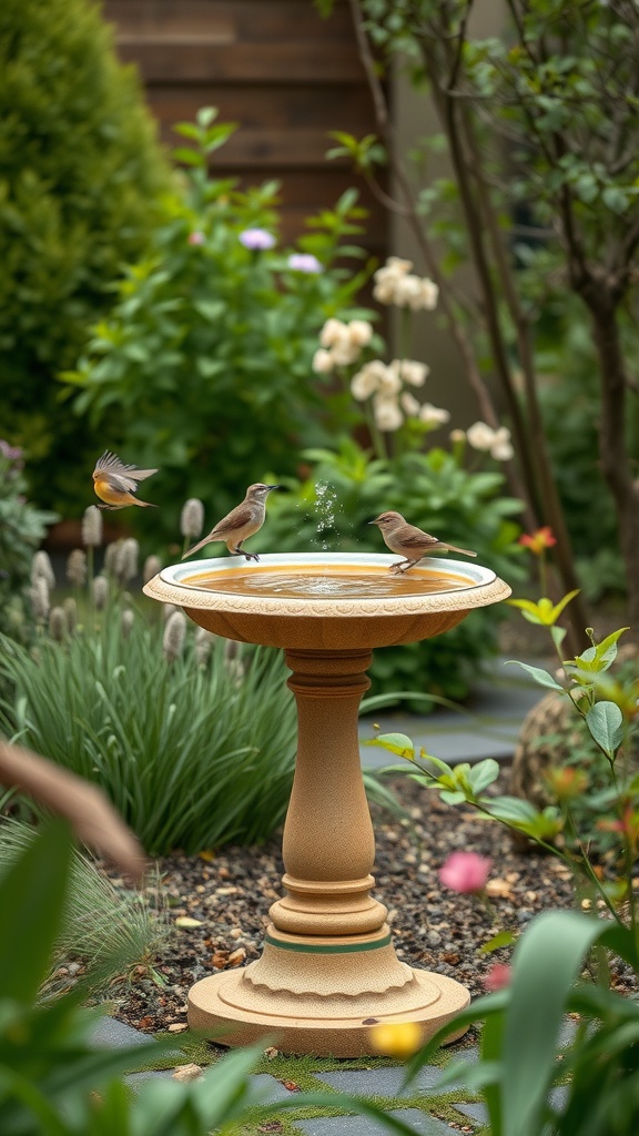 A birdbath surrounded by greenery and flowers, with birds enjoying the water.
