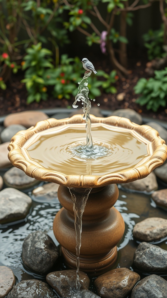 A decorative birdbath with flowing water and a small bird perched on top, surrounded by stones and greenery.