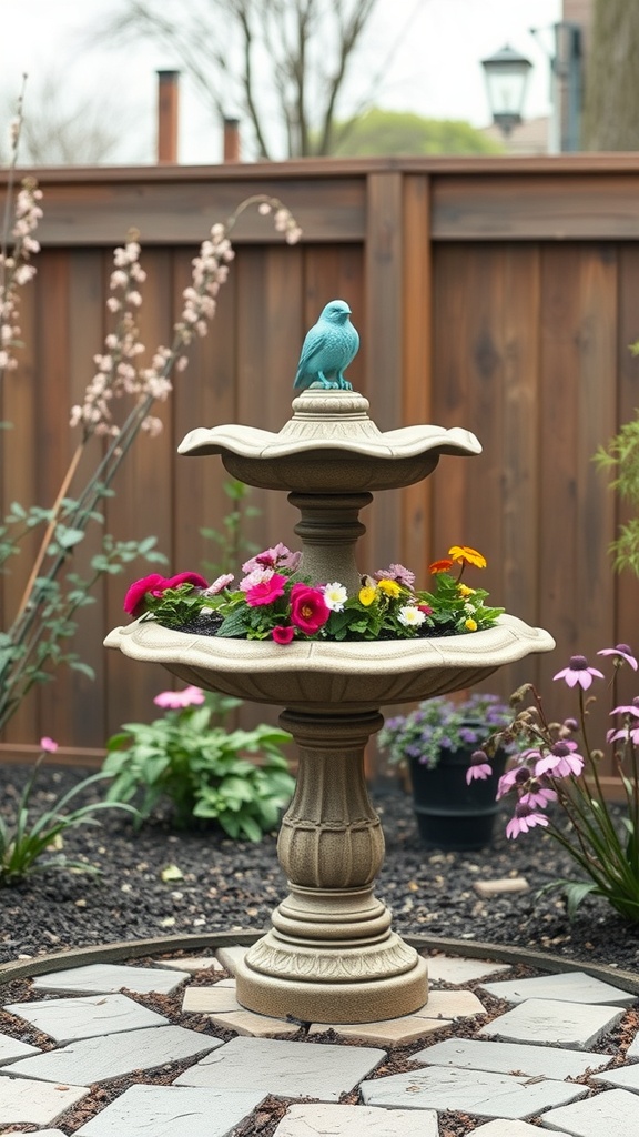 A decorative birdbath with integrated planters filled with vibrant flowers, surrounded by greenery.