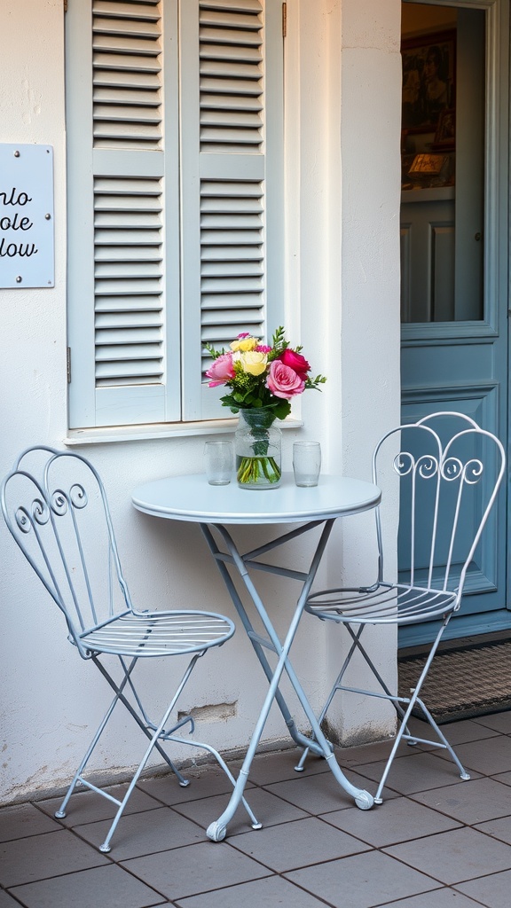 A small outdoor bistro table with two chairs and a flower vase, set against a white wall with shutters.