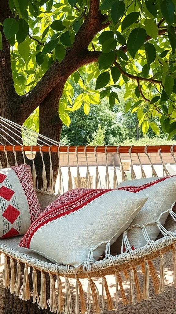 A hammock with bohemian-inspired throw pillows under a tree
