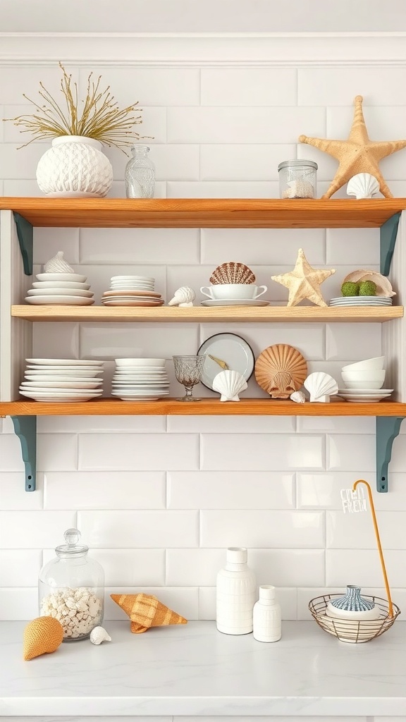 A kitchen shelf styled with coastal elements, featuring white dishware, seashells, and a starfish.