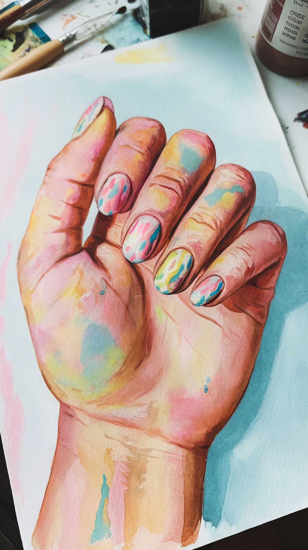 A hand with colorful watercolor effect nails, showcasing a blend of pastel colors.