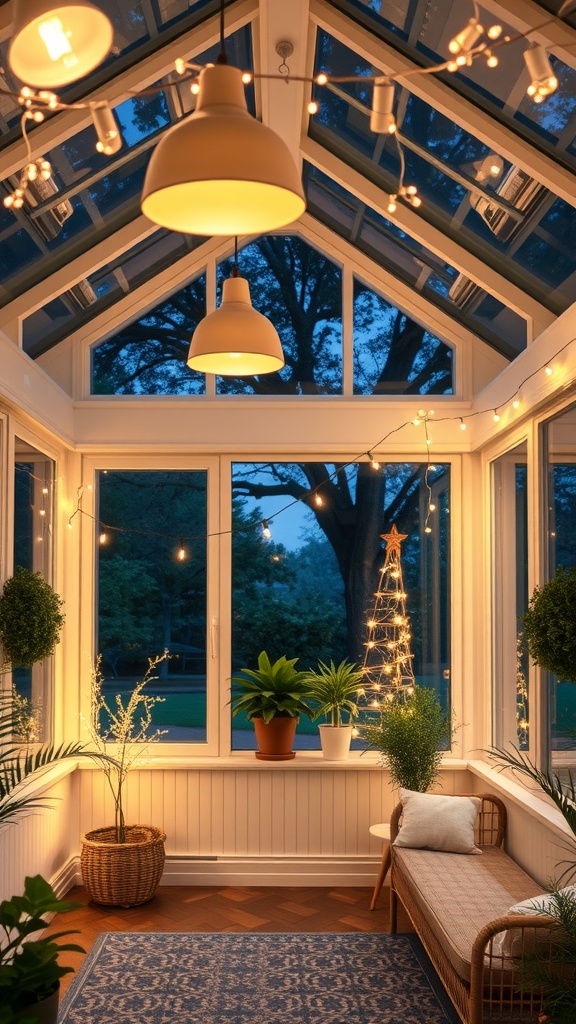 A bright and inviting sunroom with pendant lights and string lights, featuring plants and a cozy seating area.