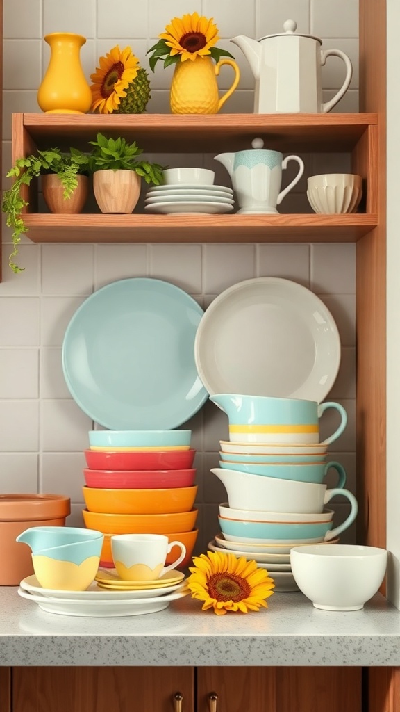 Colorful dishware arrangement on a kitchen shelf with sunflowers and plants