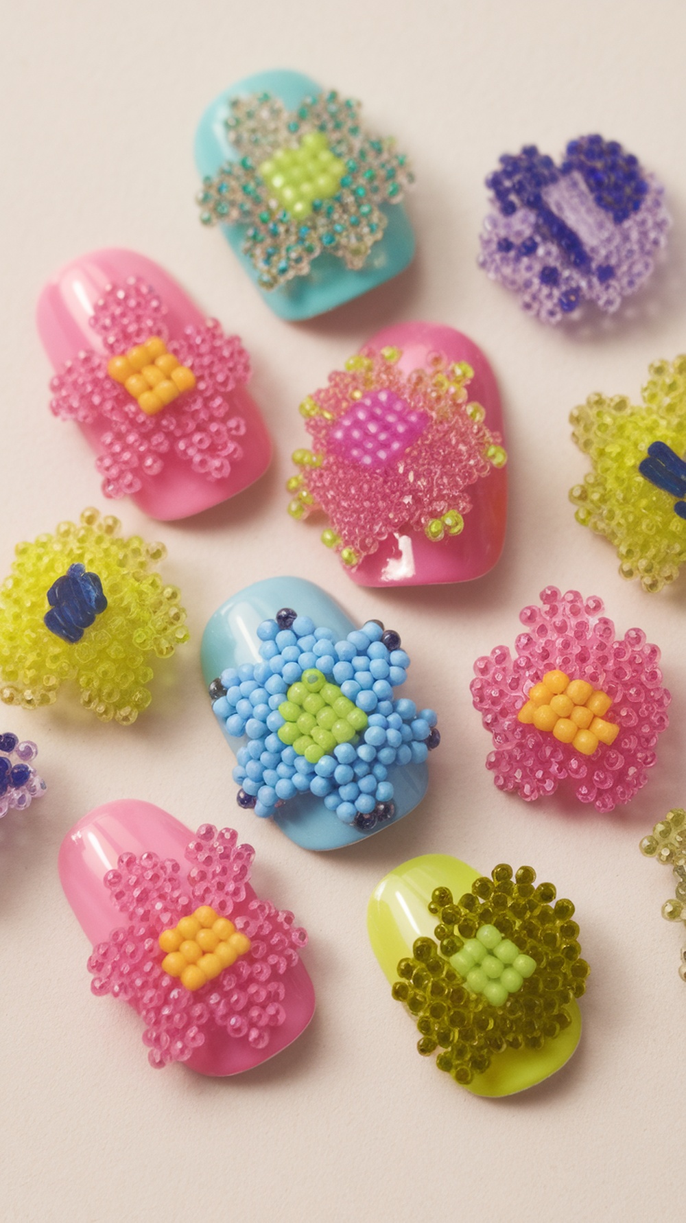 Colorful nails with bright floral designs featuring beads in pink, blue, and green.