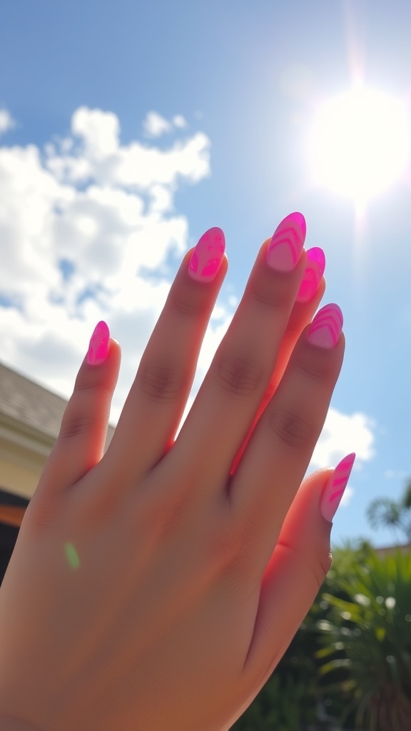 A hand showing bright neon pink nails with patterns against a sunny sky.