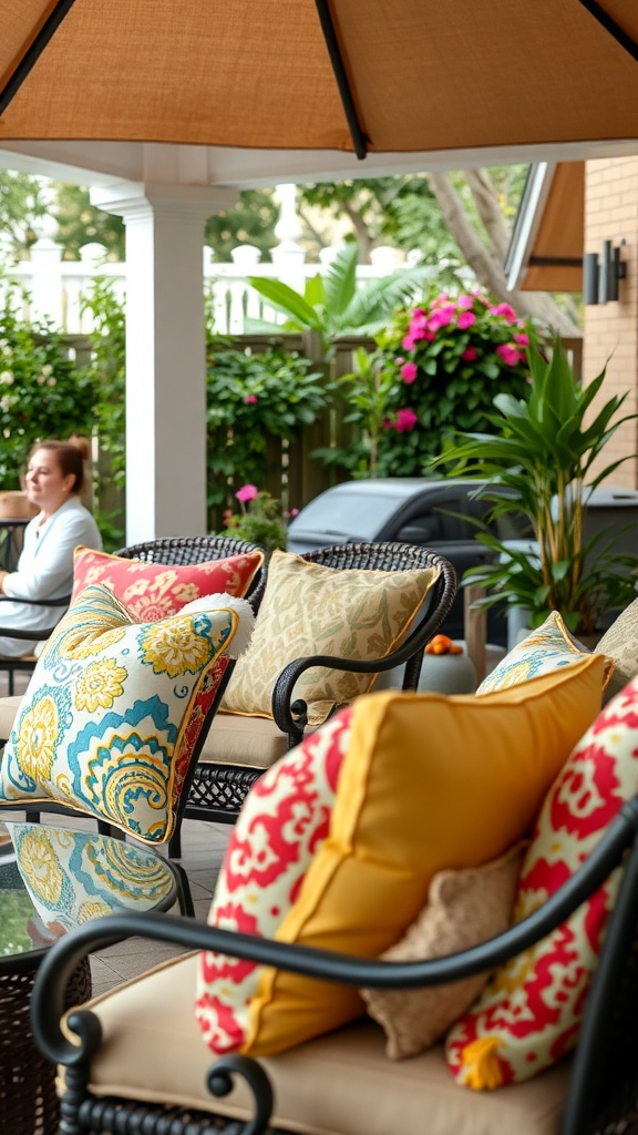 Colorful outdoor pillows on a patio with a woman sitting in the background
