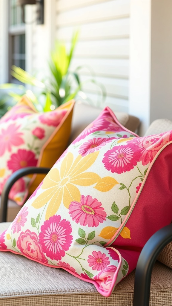 Brightly colored outdoor pillows with floral designs on a patio.
