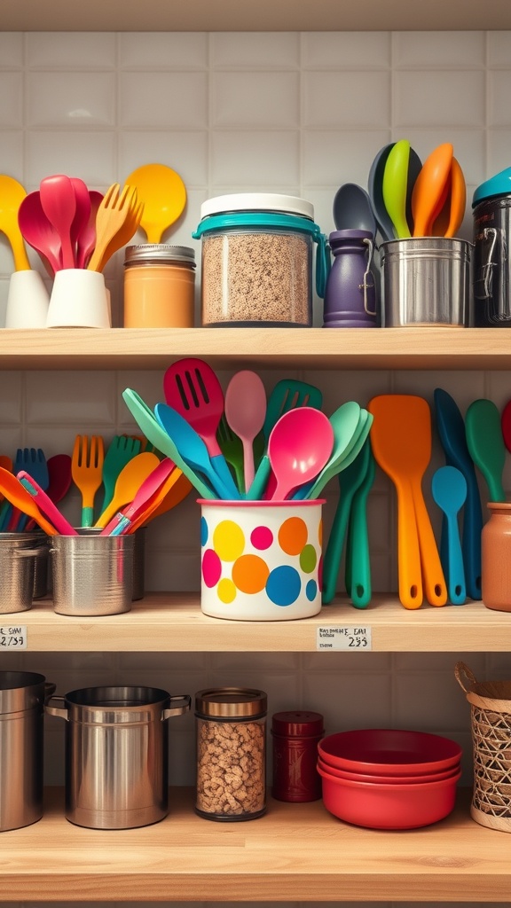 Brightly colored utensil holders on a kitchen shelf