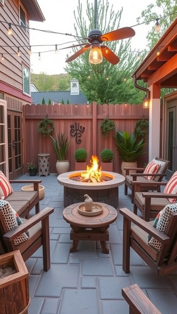Cozy outdoor patio featuring a fire pit, wooden chairs, and string lights.