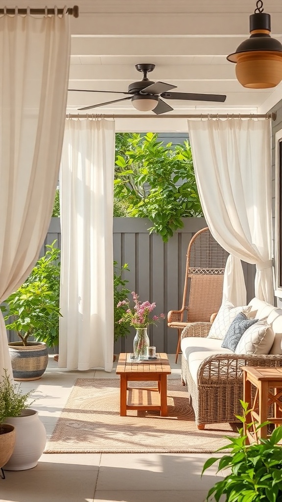 A cozy outdoor patio with white curtains, a comfortable seating area, and greenery.