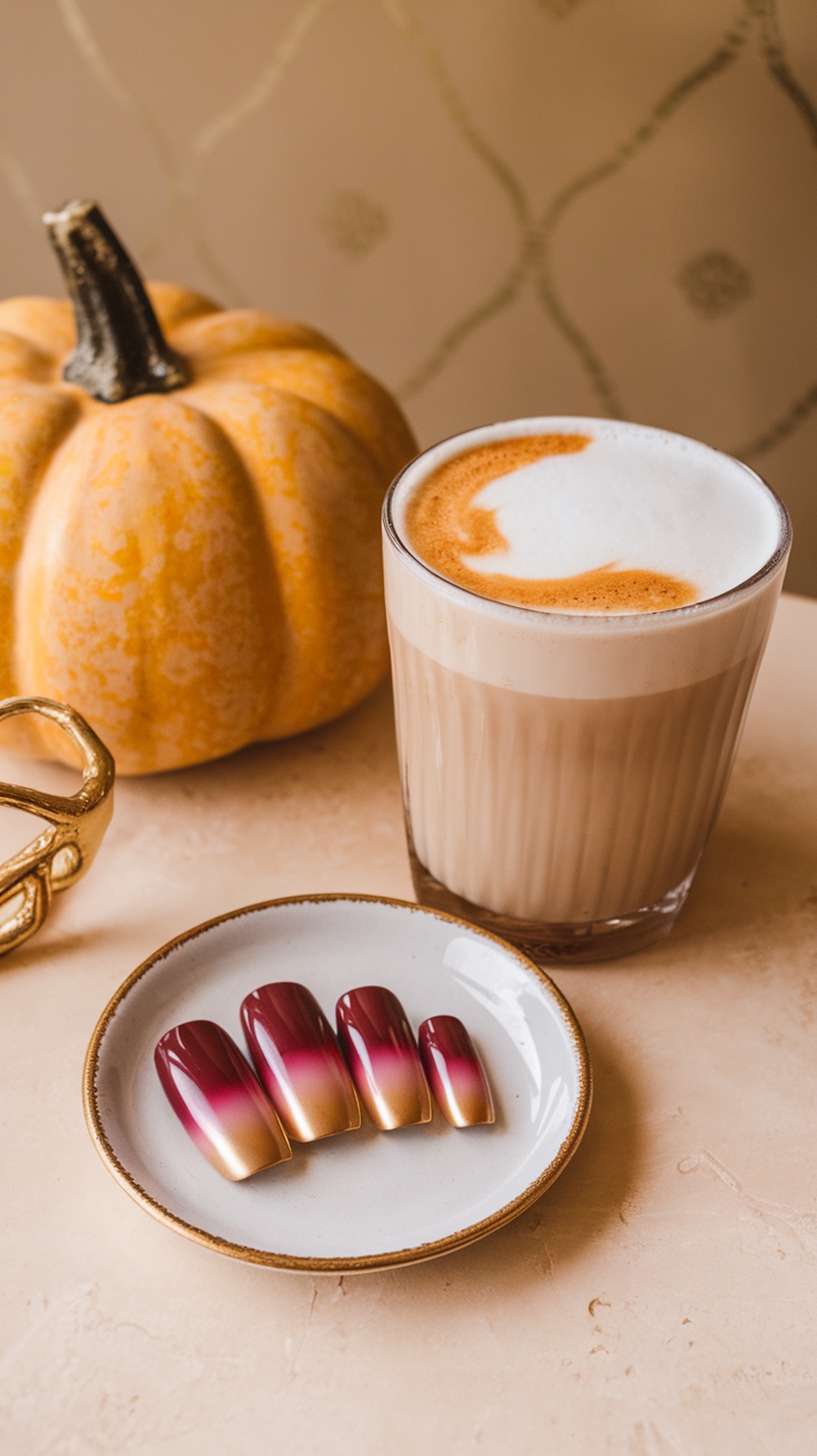 Burgundy and gold ombre nail design with a pumpkin and latte