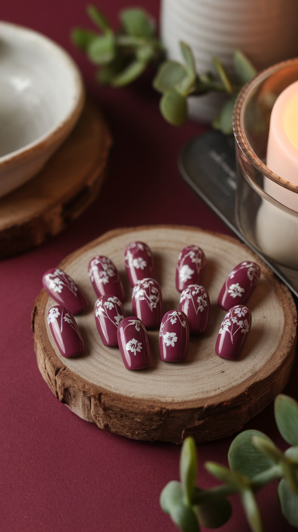 Burgundy nails with white floral patterns displayed on a wooden slice